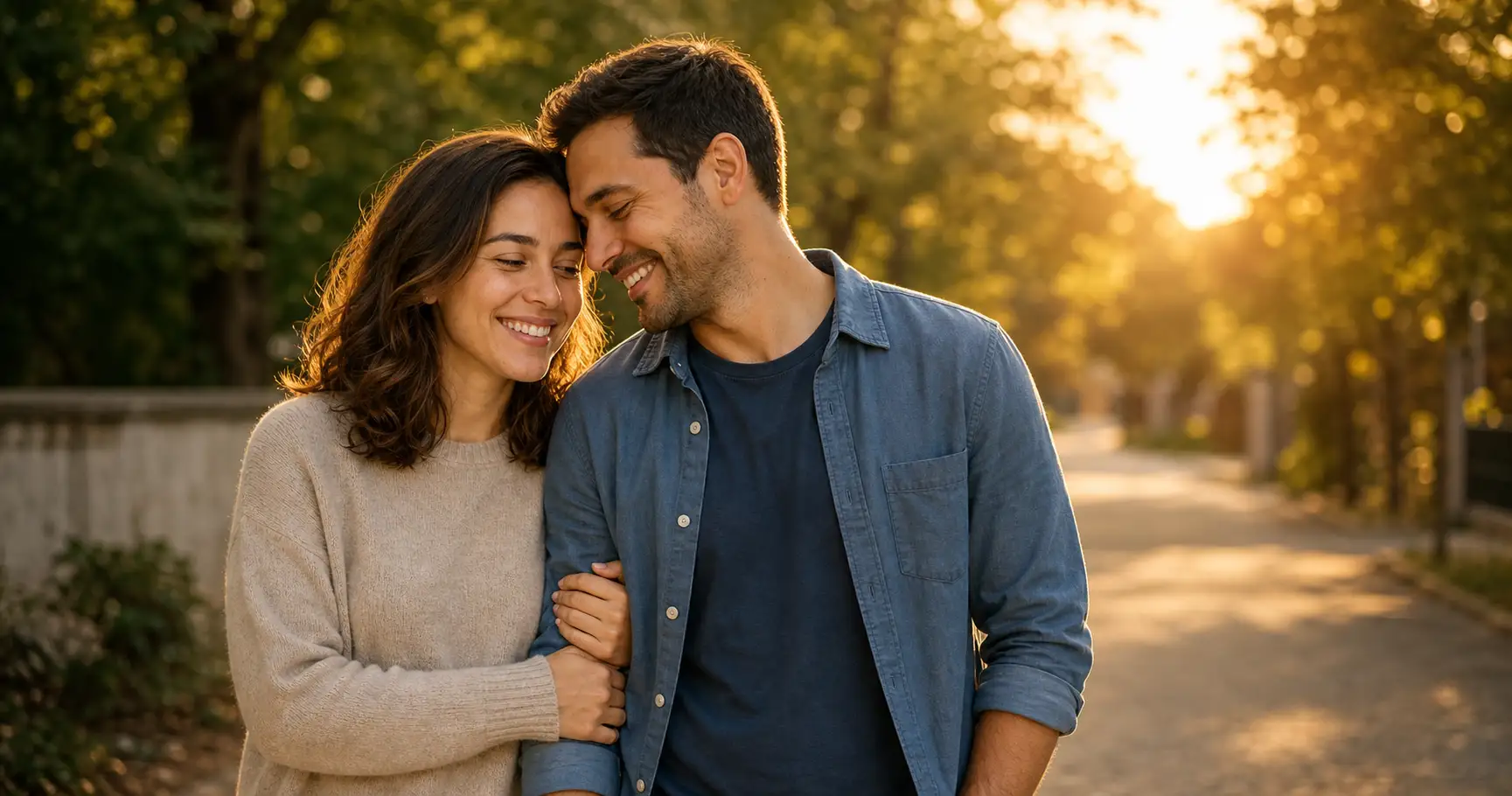 A couple walking together and laughing at golden hour, a relaxed couple pose that does not look stiff or staged.