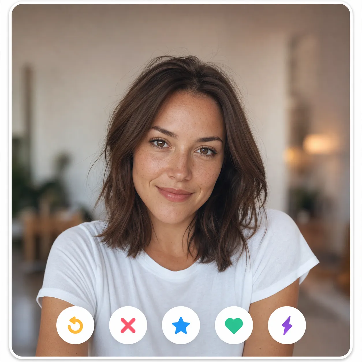Tinder lead-photo example: a 1:1 square centered close-up of a woman around thirty with shoulder-length brown hair, brown eyes, and visible freckles on the cheekbones, identity-locked, plain white tee, warm half-smile, soft natural window light, her face at about two-thirds of the frame with clear headroom above the head and shoulders in, displayed inside a Tinder profile card with the signature row of five round action buttons at the bottom, demonstrating the Tinder lead-photo move in 2026.