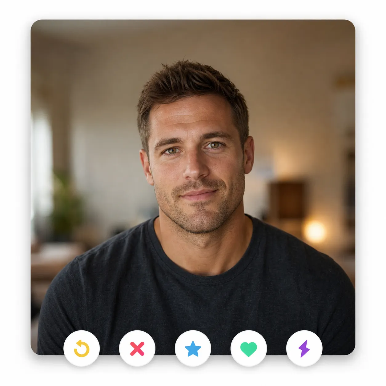 Tinder lead-photo example: a 1:1 square centered close-up of a man in his early thirties with brown hair, hazel eyes, square jaw, and light stubble, identity-locked, plain charcoal tee, warm half-smile with direct eye contact, soft natural window light, his face at about two-thirds of the frame with clear headroom above the head and shoulders in, displayed inside a Tinder profile card with the signature row of five round action buttons at the bottom, demonstrating the Tinder lead-photo move in 2026.