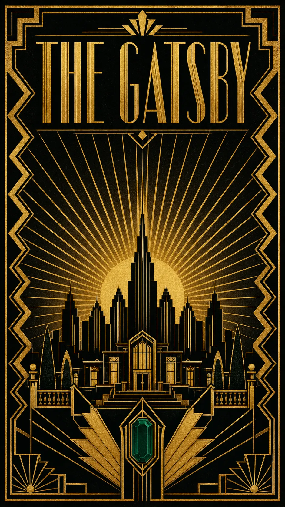 The same subject rebuilt as a bold gold-and-black art deco poster with a central gold sunburst, geometric symmetry, and stepped chevron borders with an emerald accent, titled THE GATSBY, the styled result.
