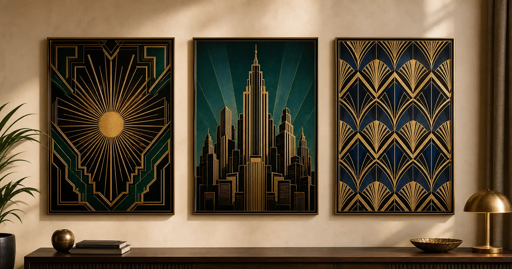 Three framed art deco posters in different sub-styles, a Gatsby gold sunburst, a stepped metropolis skyline, and a geometric fan-and-chevron pattern panel, hung in a row on a warm wall as finished wall art.