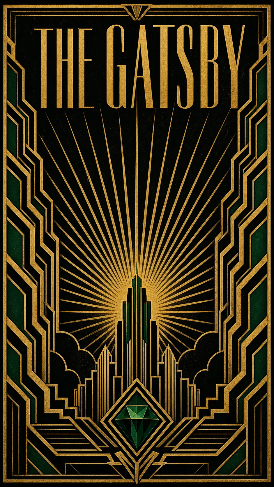 A classic 1920s Gatsby art deco poster with a central radial gold sunburst, geometric symmetry, and stepped chevron borders on deep black with emerald accents, titled THE GATSBY.
