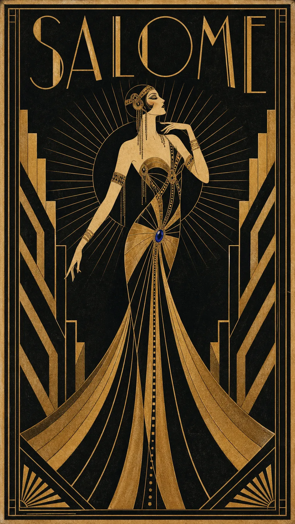 An Erté-style art deco poster of a single elongated stylized female figure in a sweeping geometric gown with a gold sunburst halo and chevron borders, in gold, black, and sapphire, titled SALOME.