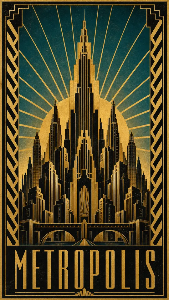An Art Deco metropolis-skyline poster in gold and teal, made with AI.