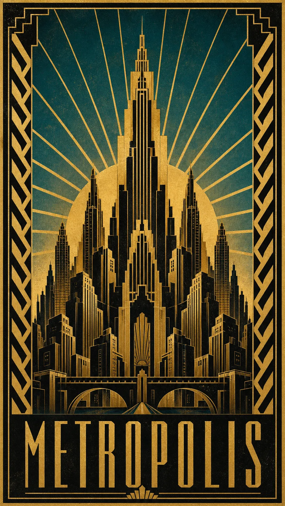 An art deco metropolis poster of symmetrical stepped skyscrapers rising toward a central tower with a gold sunburst sky and chevron borders, in gold, black, and teal, titled METROPOLIS.