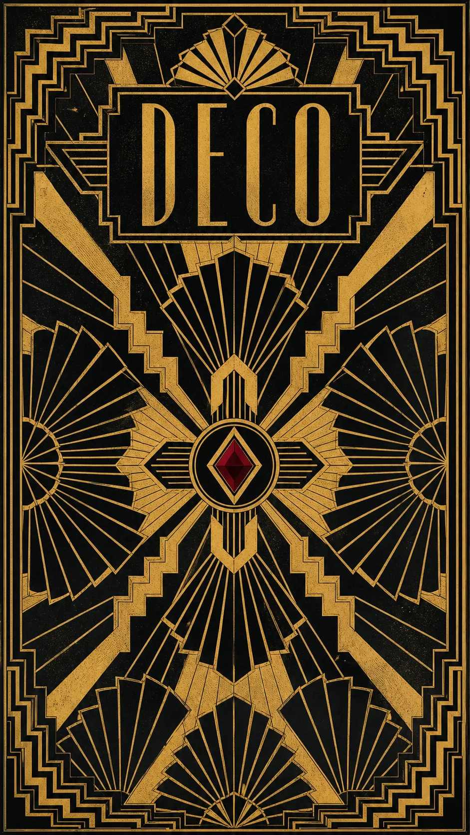 A geometric art deco pattern panel of repeating fans, sunburst rays, and stepped chevrons radiating from a central medallion, in gold, black, and ruby red, titled DECO.