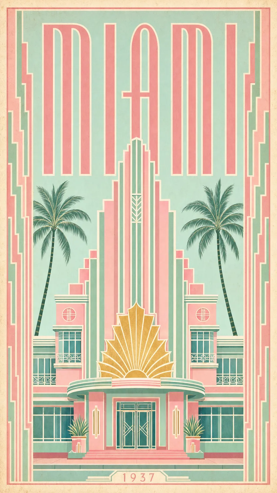 A Miami pastel art deco poster of a symmetrical stepped hotel facade with a sunburst fan and flanking palms, in mint, flamingo pink, and aqua with gold, titled MIAMI.