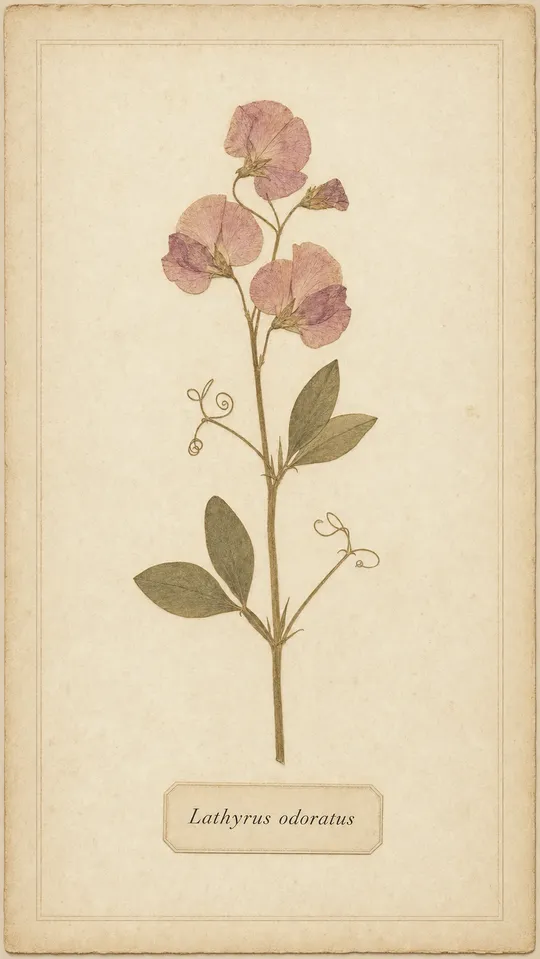 A pressed-flower botanical print of a sweet pea on aged paper, made with AI.