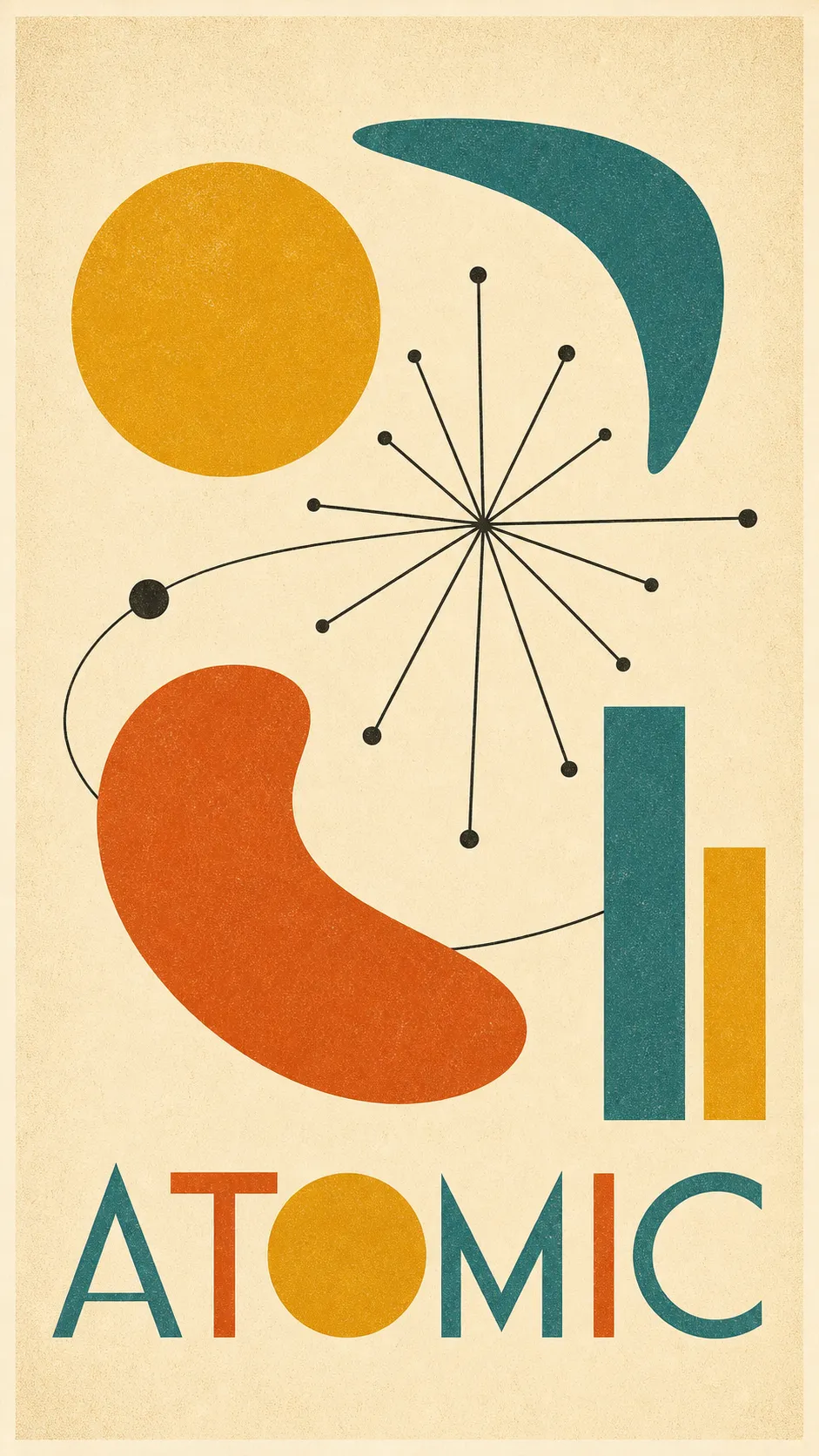 The same plain shapes rebuilt as a mid-century modern atomic-age poster with a starburst, boomerang and kidney curves in mustard, teal and burnt orange on cream, titled ATOMIC.