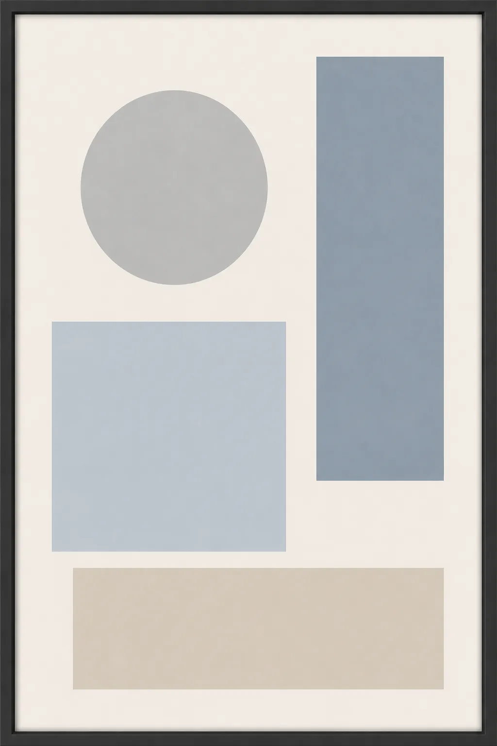 A generic flat boring modern abstract graphic of a plain circle and rectangles in dull grey and washed-out blue, the soulless stock wall art most people start from before styling it.