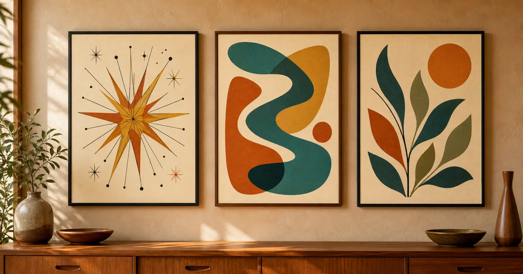 Three framed mid-century modern posters in different styles, an atomic starburst abstract, an Eames-era layered-shapes print, and a stylized mid-century nature print, hung in a row on a warm wall as finished wall art.