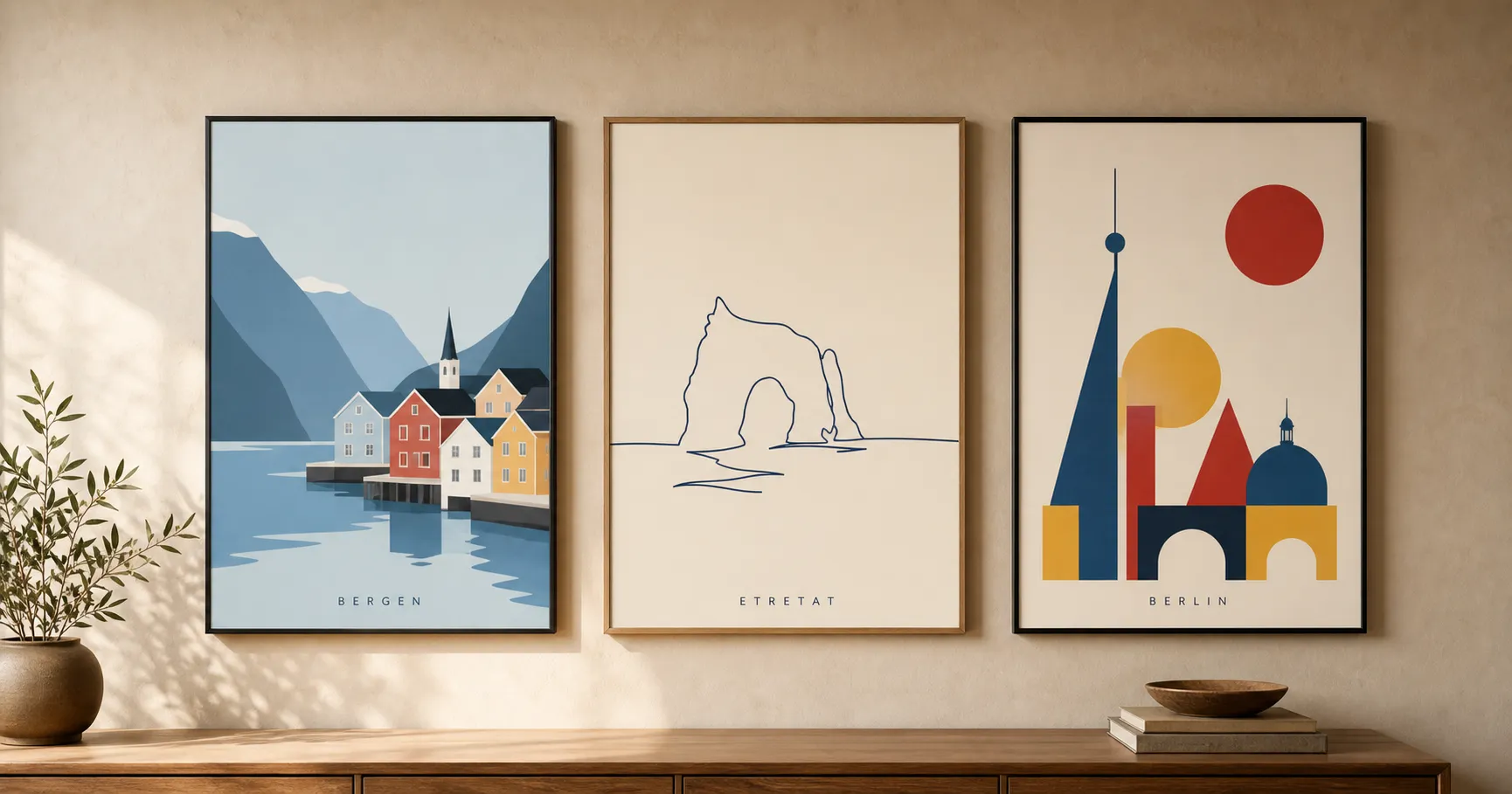 Three framed minimalist travel posters in different styles, a Scandinavian flat-vector fjord, a single-line coastal arch, and a Bauhaus geometric skyline, hung in a row on a warm wall as finished wall art.