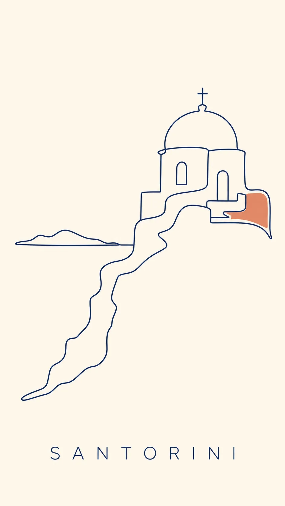 A minimalist single-continuous-line travel poster of Santorini, a domed church and cliff drawn in one unbroken navy line on cream with a small terracotta block and lots of empty space, titled SANTORINI.