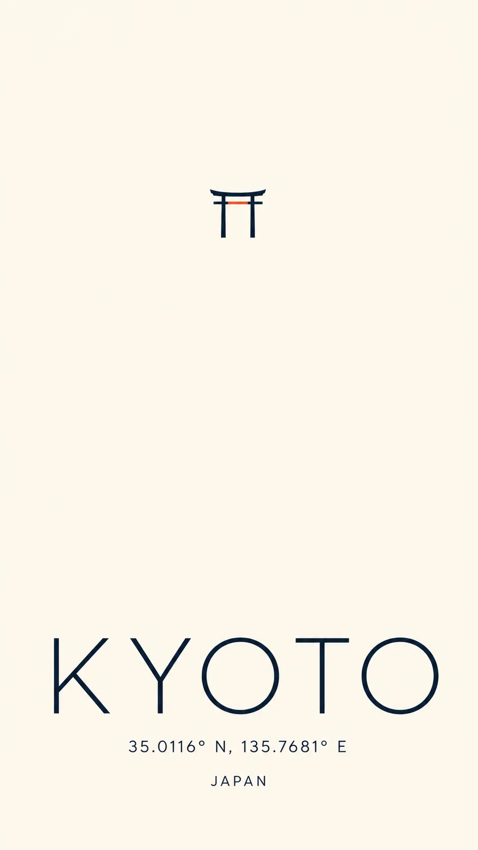 A minimalist type-forward travel poster of Kyoto carried by large light sans lettering, GPS coordinates and a tiny flat vermilion torii gate in a vast empty field, titled KYOTO with coordinates 35.0116 N 135.7681 E.