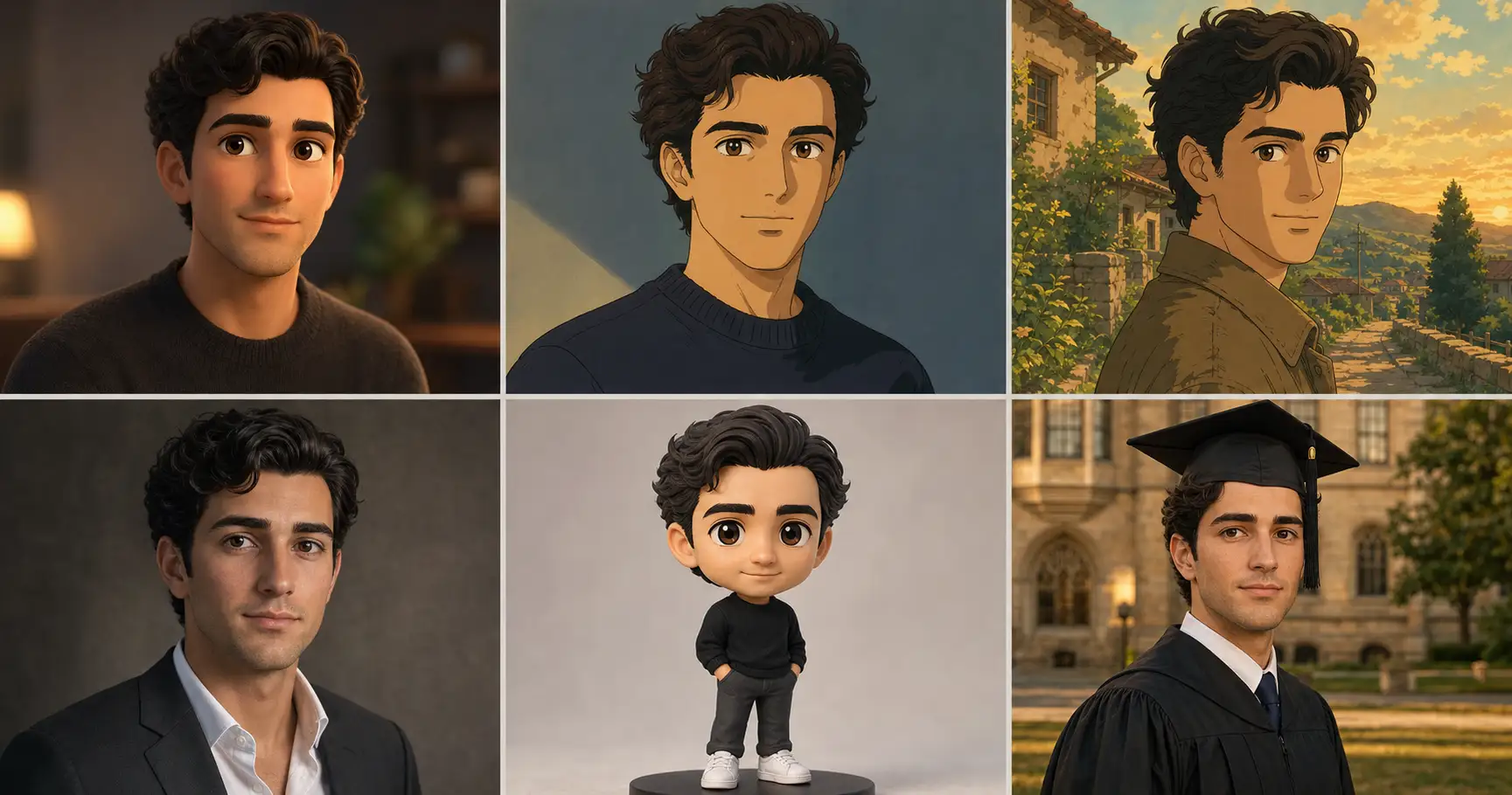 Same source face rendered as six different transformations (Pixar 3D, 90s anime, Studio Ghibli, executive editorial portrait, chibi figurine, Ivy League graduation portrait) with face geometry, hairline, and eye spacing visibly preserved across all six panels by the Identity-Lock prompt structure.