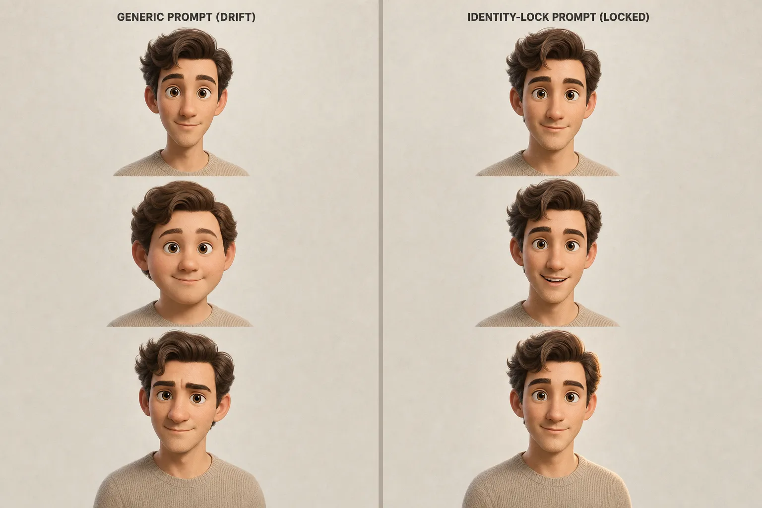 Diptych comparing three Pixar-style transformation attempts on the same source face. Left half labeled Generic Prompt shows the face visibly drifting across all three attempts (narrower jaw, different eye spacing, shifted hairline, different nose). Right half labeled Identity-Lock shows the same three transformation attempts with face geometry preserved identically across all three.
