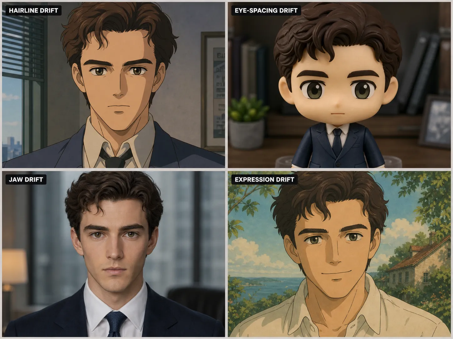 Four-cell failure gallery showing residual identity-drift sub-modes that Identity-Lock does not fully prevent: hairline drift in a 90s anime render, eye-spacing drift in a chibi figurine render, jaw drift in an executive editorial render, and expression drift in a Ghibli storybook render. All four cells use the same source face.