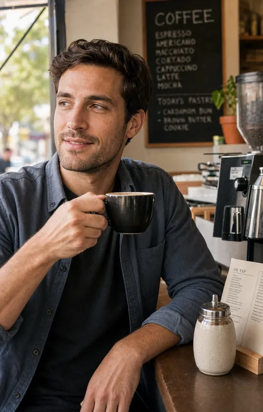 A man at a cafe counter holding a coffee, relaxed candid dating photo.