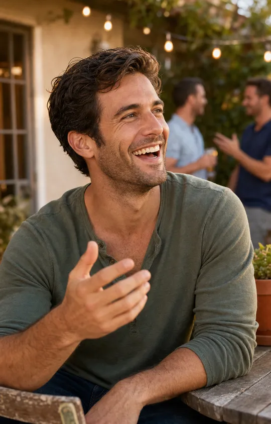 A man laughing at an outdoor cafe, relaxed lifestyle AI photoshoot result.