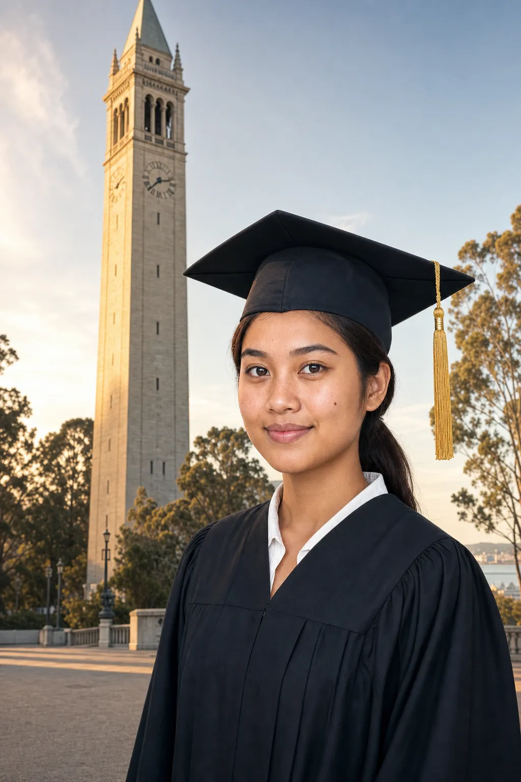 AI-generated graduation portrait of a young woman in cap and gown at the foot of UC Berkeley's Sather Tower, the Venetian-style granite Campanile rising above, eucalyptus and California golden-hour light.