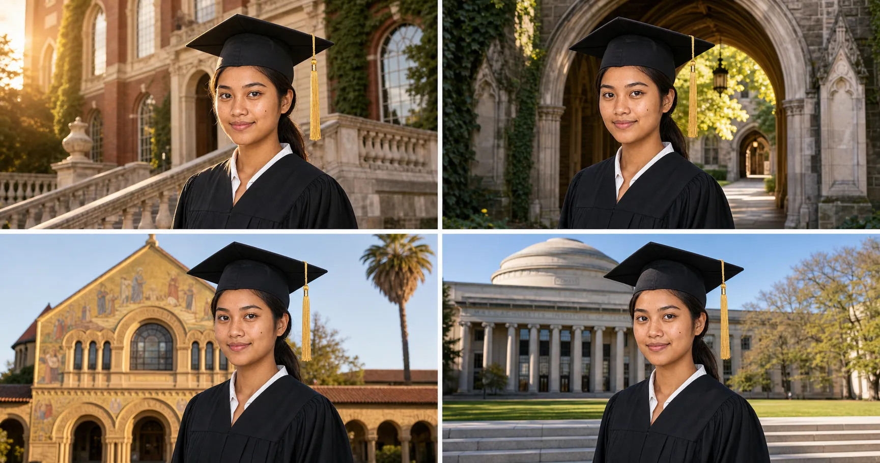 Four-panel grid of the same graduating student in cap and gown at four iconic American university campuses: Harvard Widener Library steps, Yale Old Campus quad, Stanford Memorial Church facade, MIT Killian Court Great Dome. AI-generated portrait series example.
