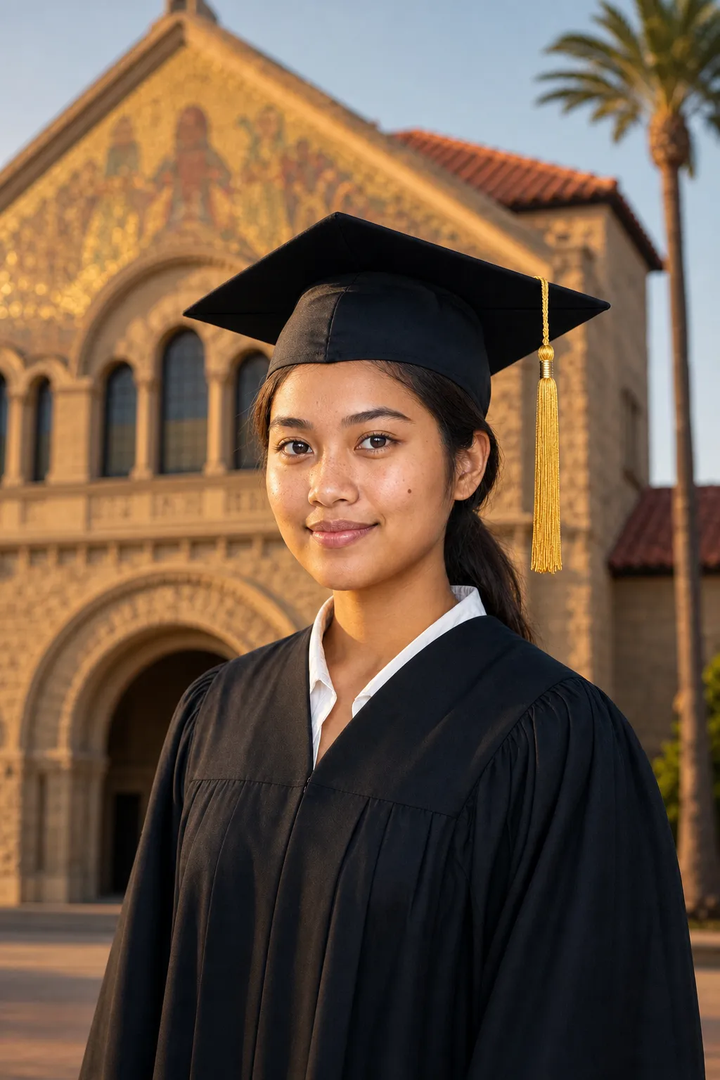 AI-generated graduation portrait of a young woman in cap and gown in front of Stanford Memorial Church's Romanesque sandstone facade with gold-mosaic gable, palm tree, California afternoon light.