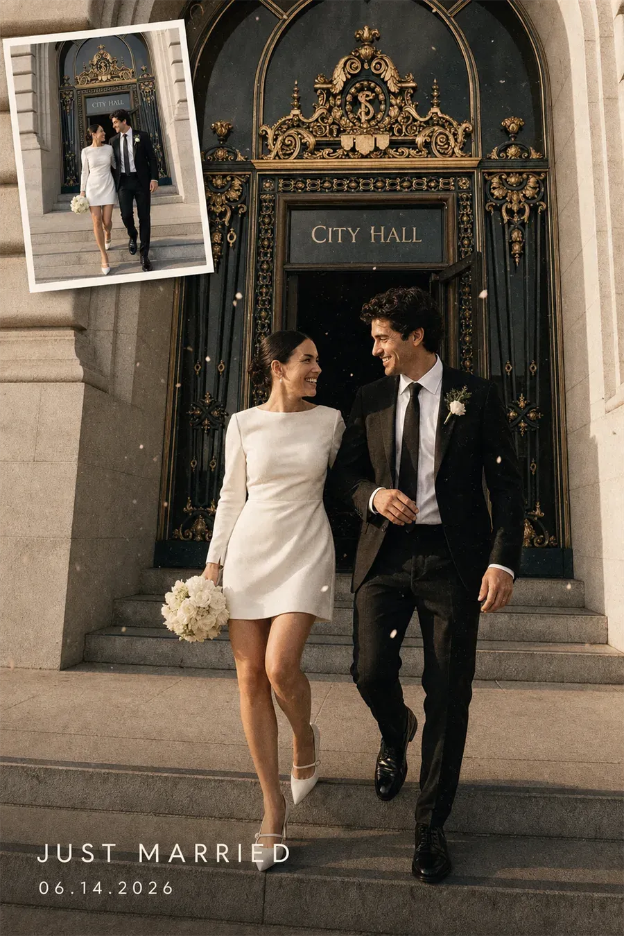 City hall wedding snapshot turned into a polished editorial keepsake poster