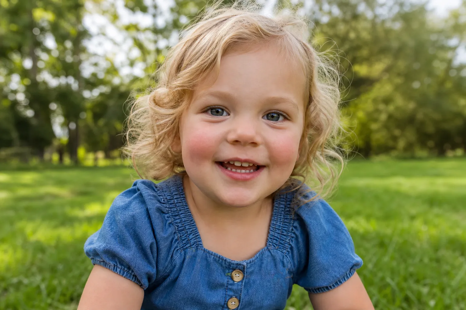 A toddler photographed from their own eye level with the camera held low, the child's whole face visible and engaged against a soft daylight background.
