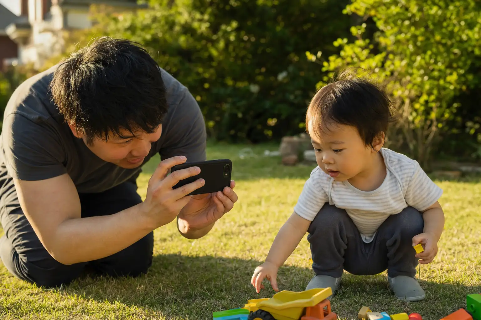 A parent crouched down to a toddler's eye level outdoors, photographing the child mid-play and unaware of the camera, warm and candid.