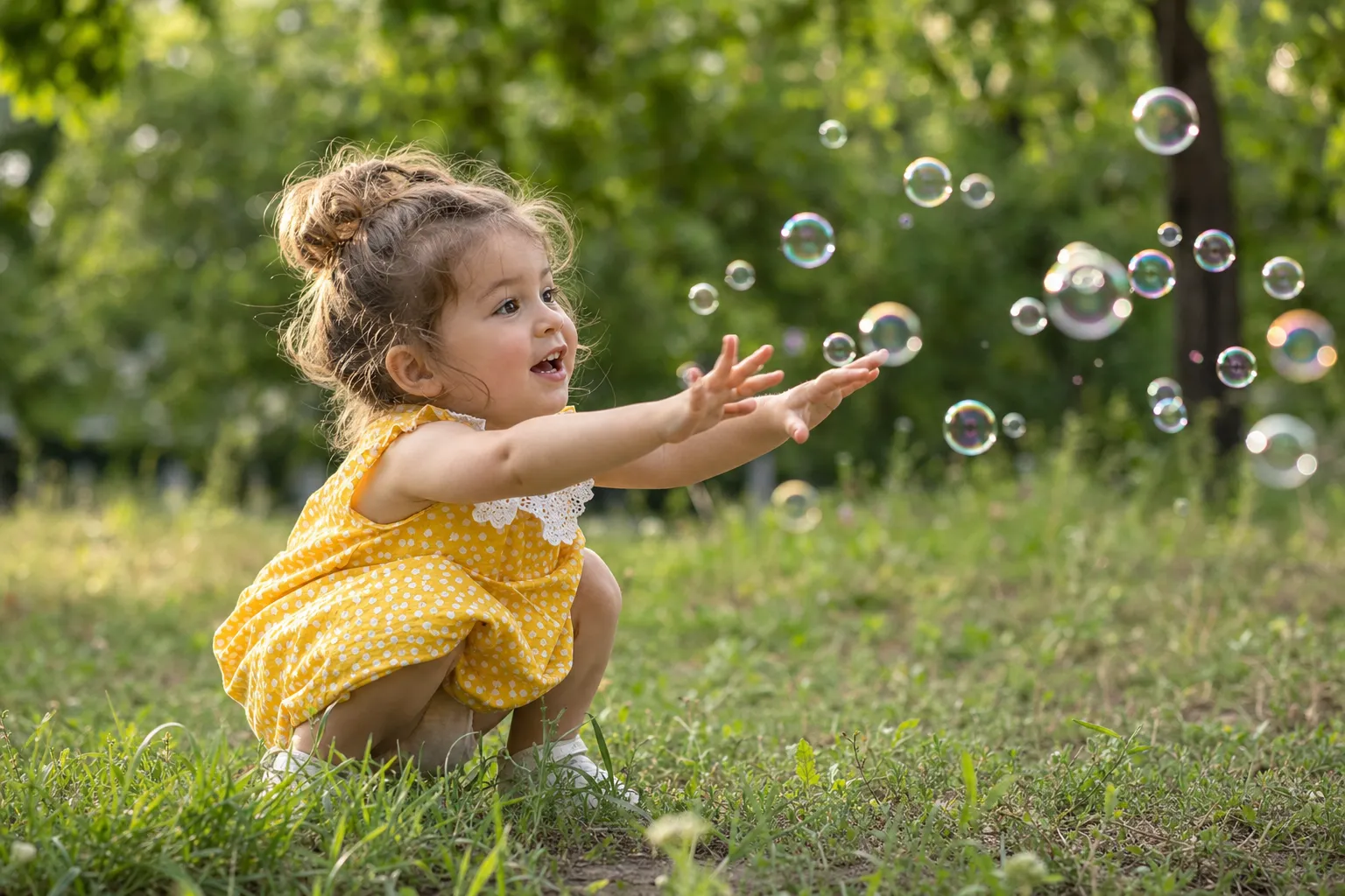A young child crouched low and fully absorbed in play, reaching toward drifting soap bubbles, unaware of the camera and not posing.
