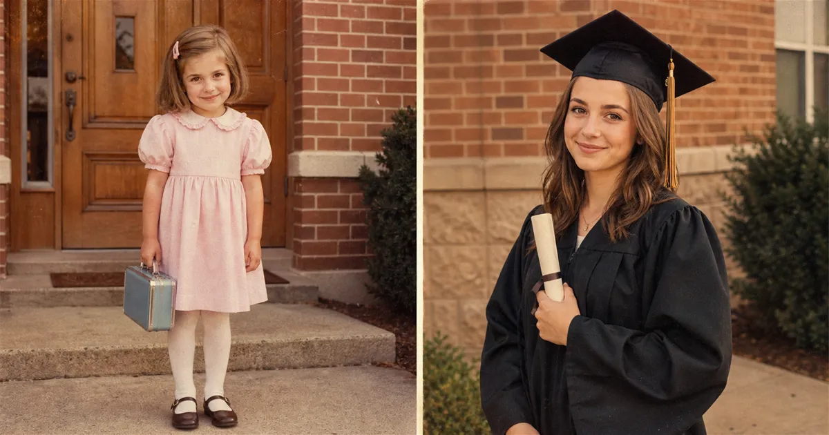 Side-by-side diptych of a mother on her first day of kindergarten in 1988 (left, restored late-80s print) beside her daughter on graduation day in 2026 (right), the two panels matched in warmth, grain, and paper-print texture. Visible family resemblance across two generations. Example of the parent-and-child diptych variant.