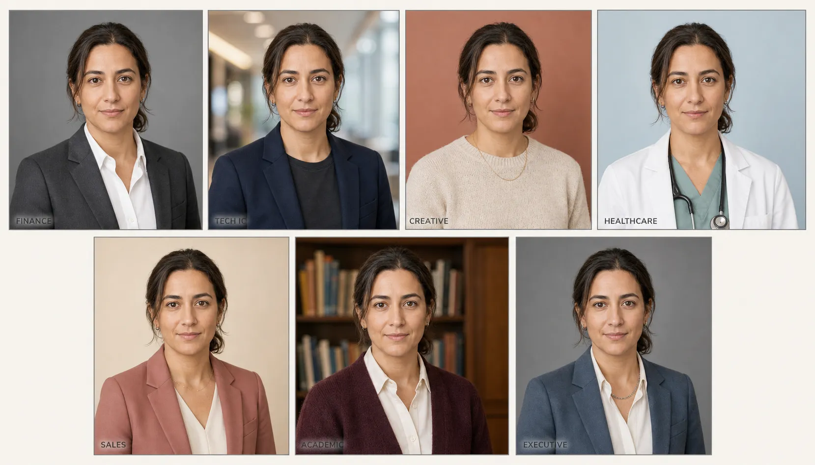 Seven LinkedIn headshot examples of the same canonical 35-year-old person rendered into seven job-type archetypes (finance, tech IC, creative, healthcare clinical, sales, academic, 50+ executive), arranged as a 1200x630 grid showing what a recruiter's six-second scan compares across job types and what to wear for each LinkedIn headshot archetype.