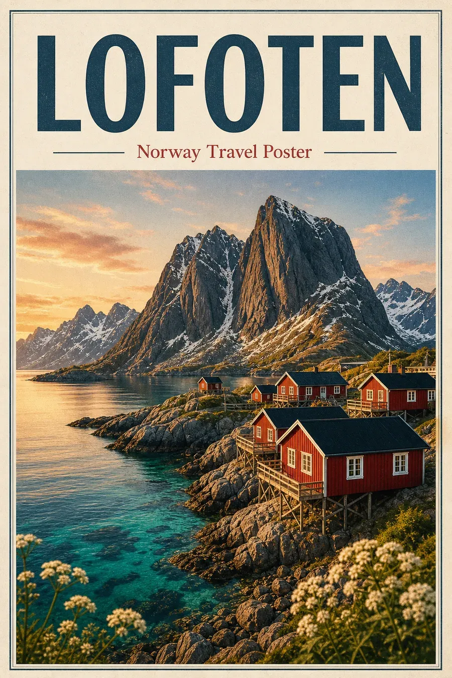 Lofoten Islands travel poster with red cabins and dramatic fjord light