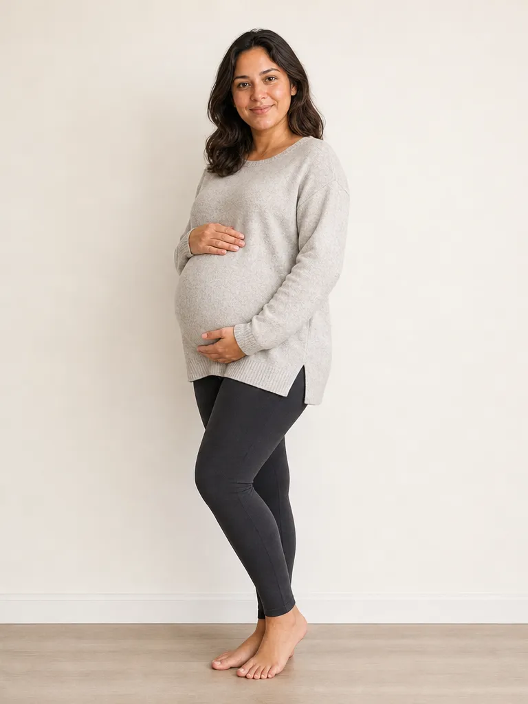 The same woman in the same spot, now turned to the side with her hands framing the bump.