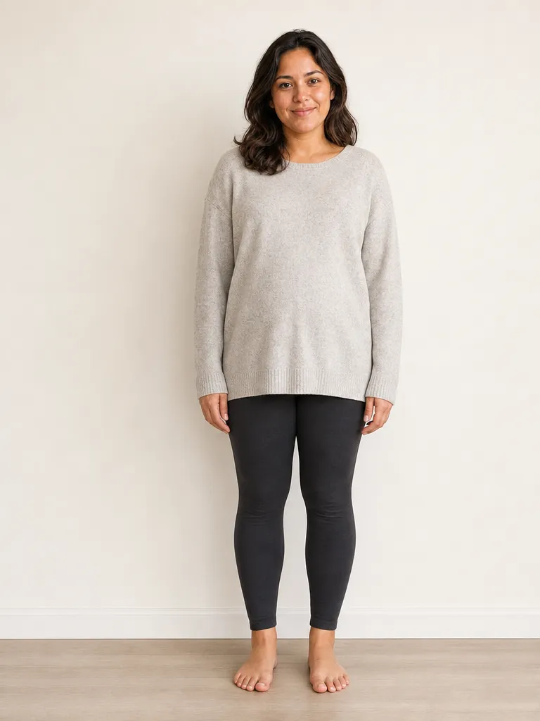 A pregnant woman squared flat to the camera in a loose sweater, the bump hidden and the silhouette shapeless.