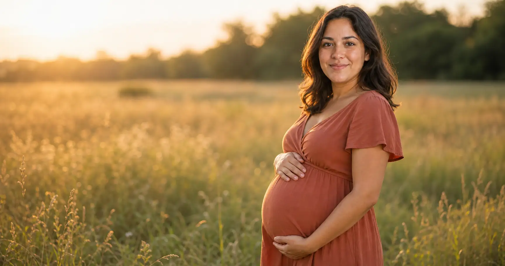 A pregnant woman standing in profile at golden hour with both hands framing her bump, a relaxed maternity photo you would actually frame.