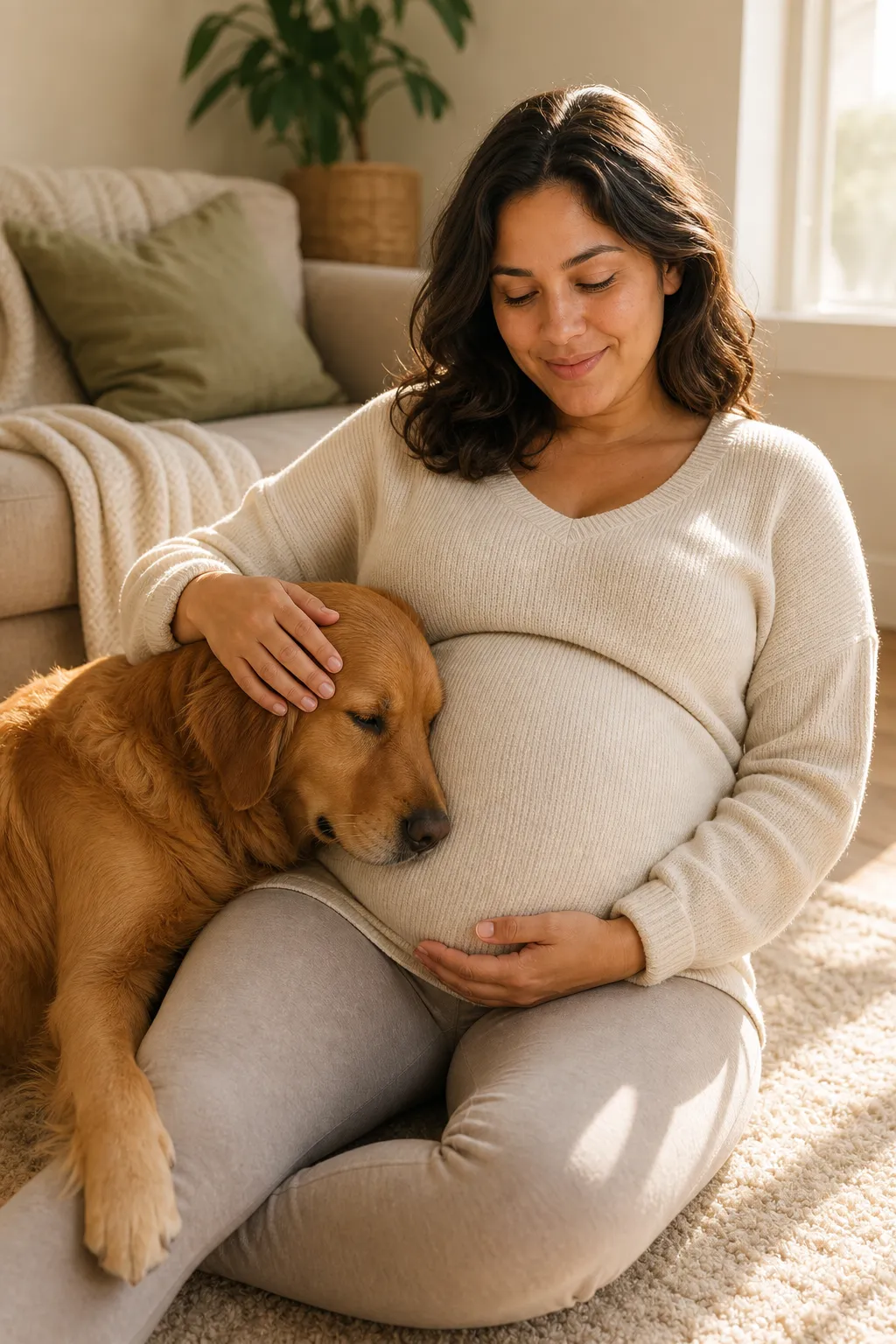 A pregnant woman sitting on the floor with a golden dog leaning its head against her bump, smiling down at it.