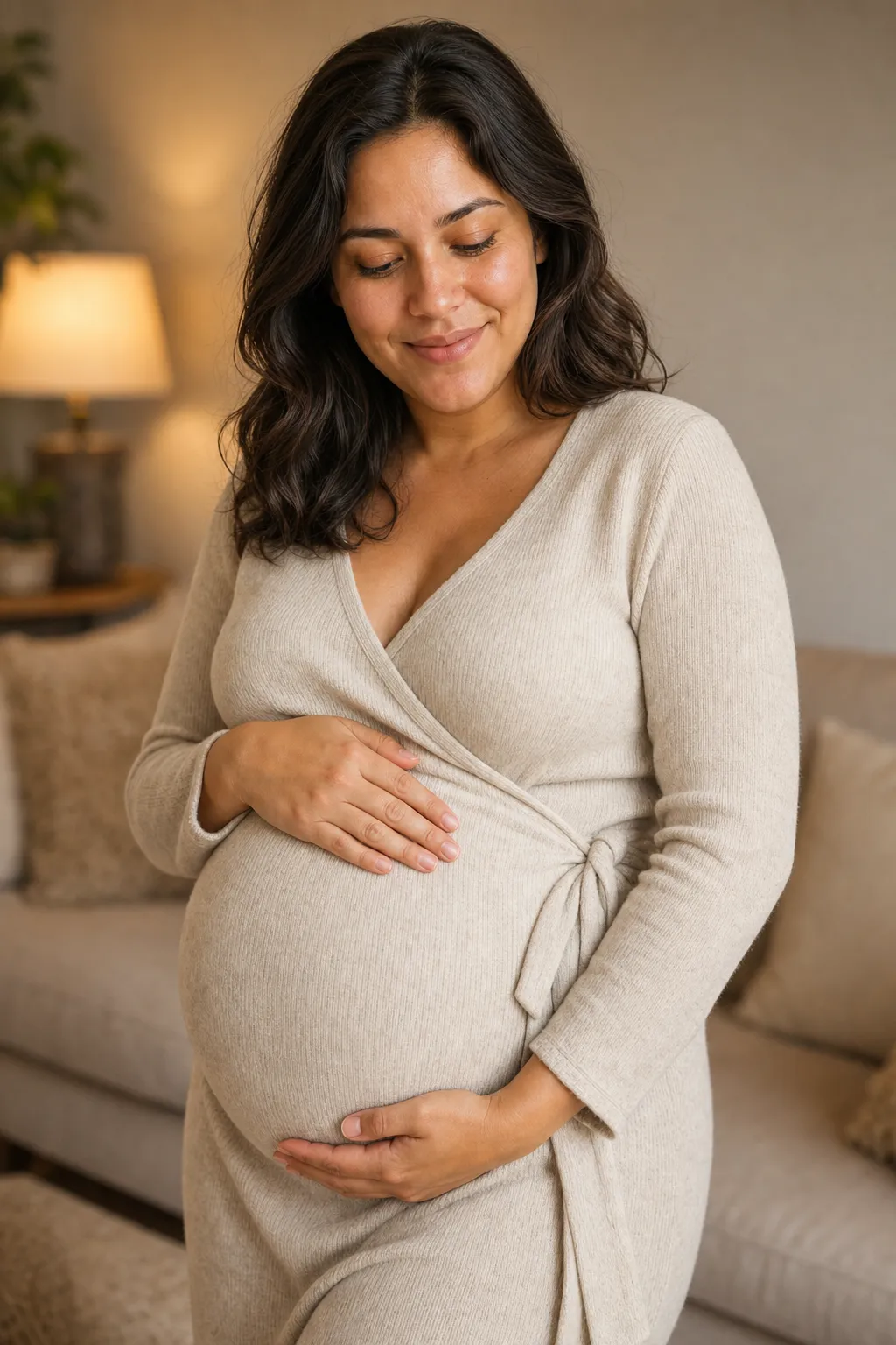 A close maternity photo of a woman cradling her bump with both relaxed hands, looking down with a soft smile.