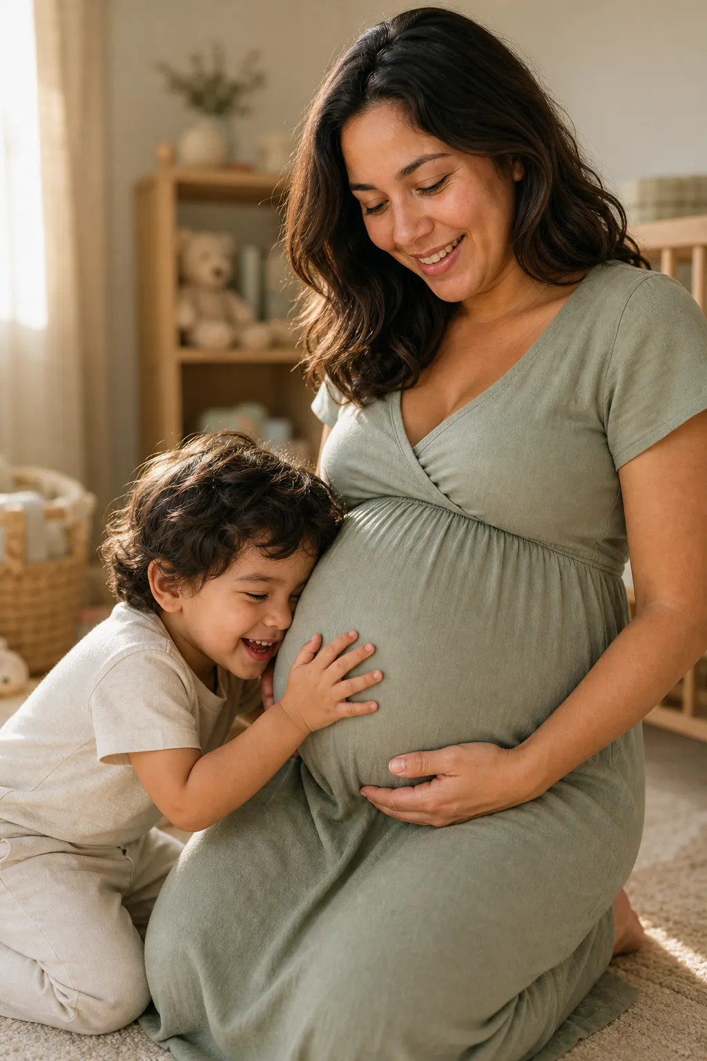 A toddler pressing both hands and an ear to the side of a pregnant woman's bump, both laughing in warm light.