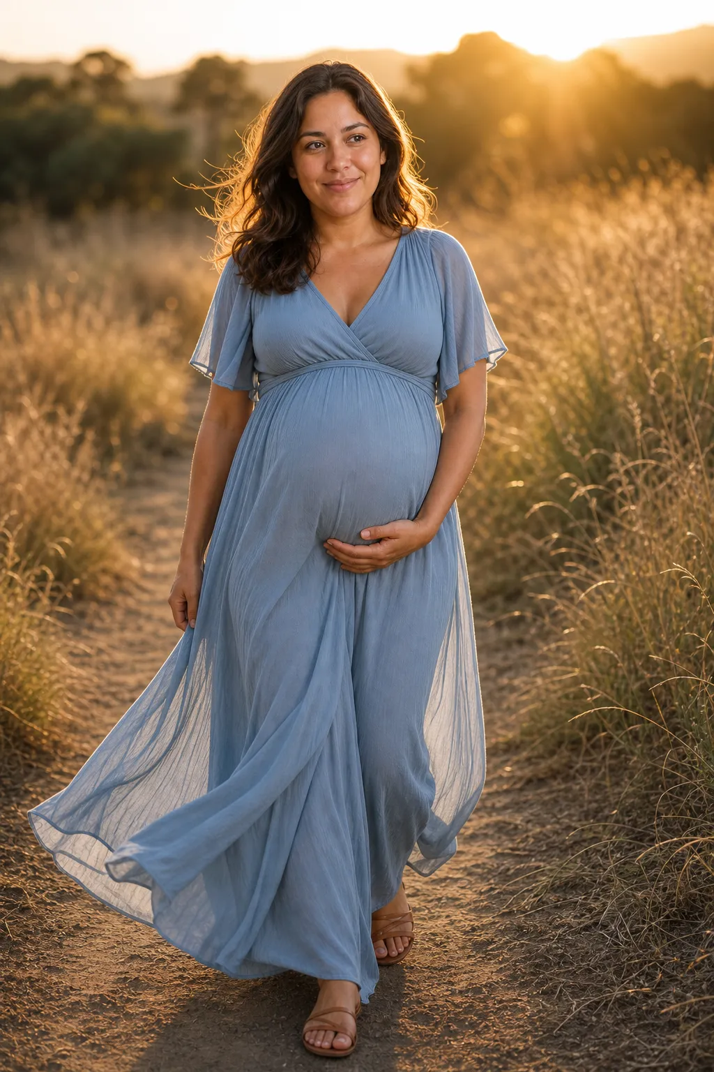 A pregnant woman walking through tall grass at golden hour in a flowing dress, one hand under her bump.