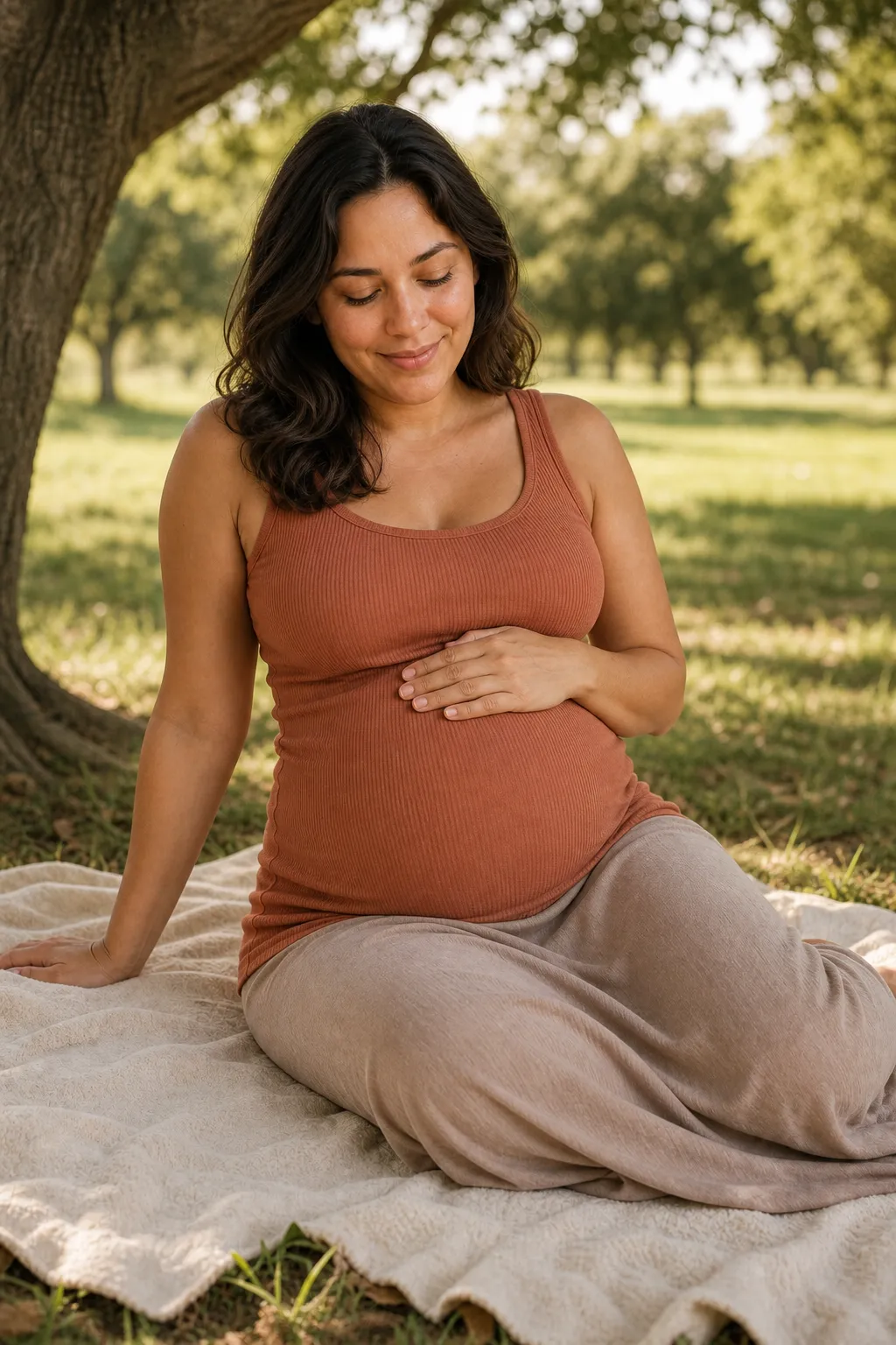 A pregnant woman sitting on a blanket under a tree in soft light, one hand on her bump, looking down with a smile.