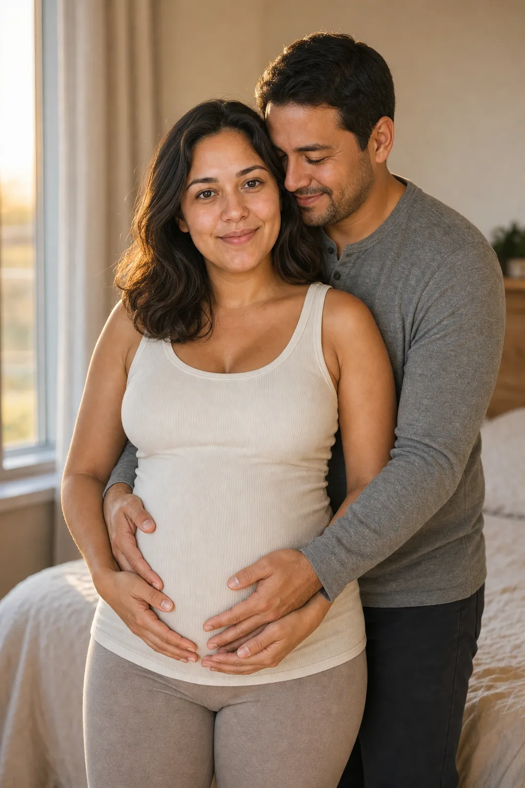 A pregnant woman with her partner standing behind her, all four hands resting together on the bump in warm window light.
