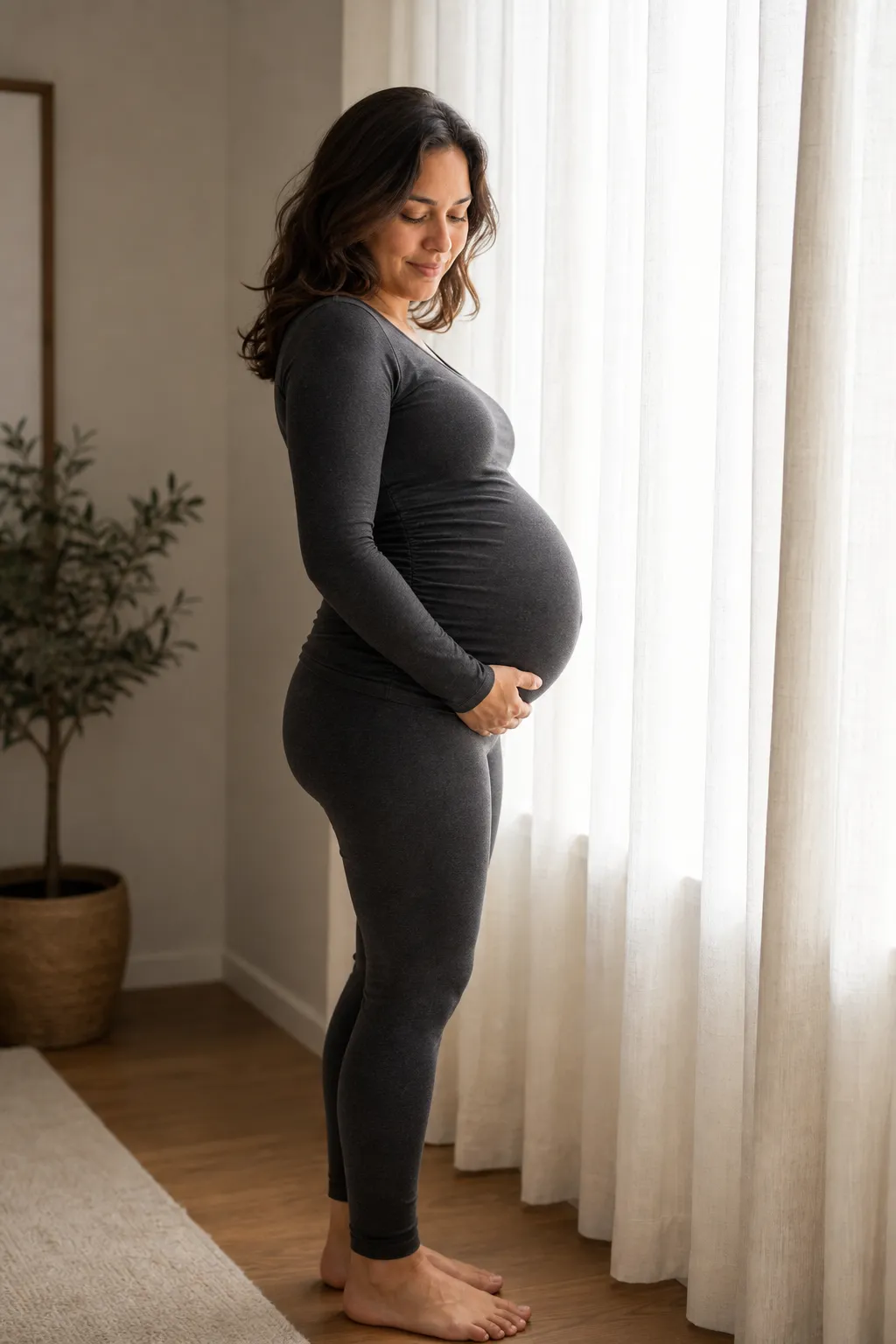 A pregnant woman standing in side profile against a bright window, the bump a clean silhouette, looking down softly.
