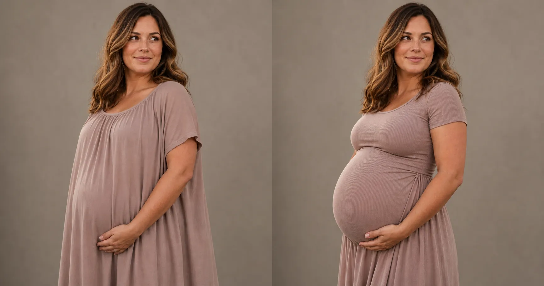 A side-by-side of the same pregnant woman in the same soft taupe color: on the left a loose tent dress hides the bump and reads as bulk, on the right a fitted dress skims the round belly clearly.