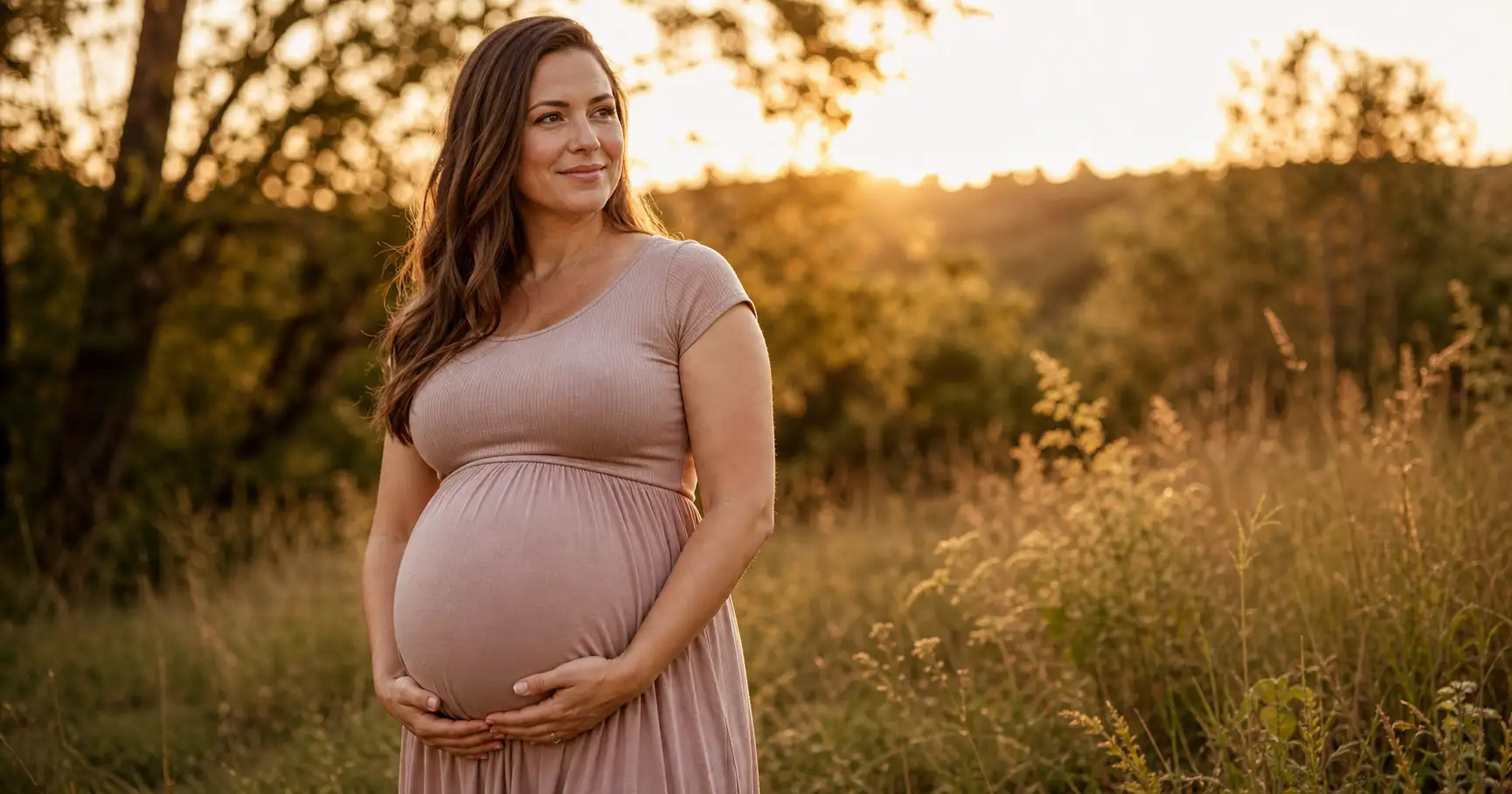 A pregnant woman in a fitted soft blush-taupe maternity dress with a snug bodice and flowing skirt, both hands cradling her round bump, photographed outdoors in soft golden-hour light.