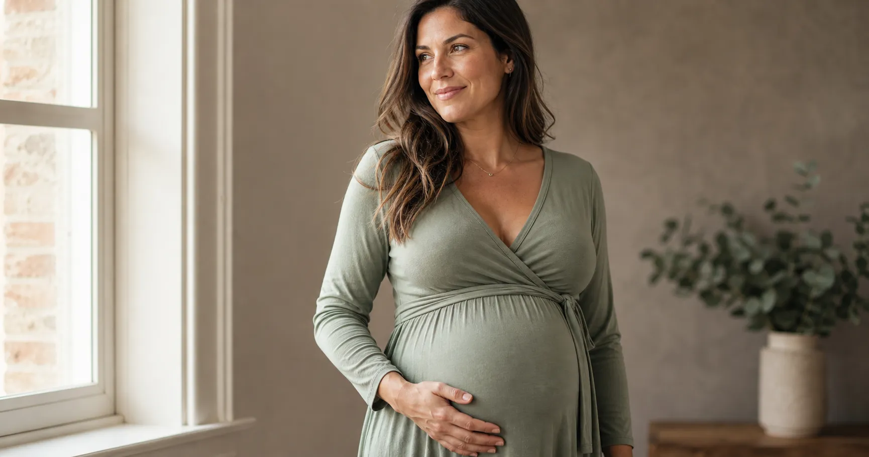 A pregnant woman in a soft sage V-neck wrap maternity dress with the wrap seam tied just above the belly, the stretchy fabric falling smooth over her round bump, photographed in soft window light.