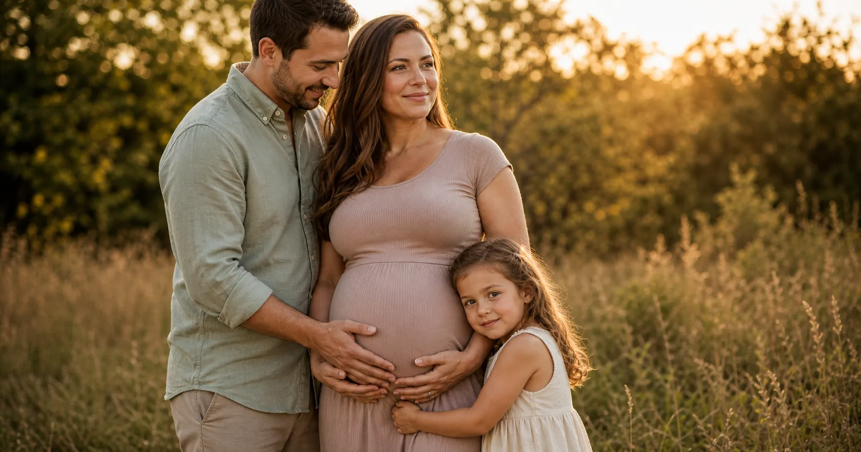 An expectant mother in a fitted blush-taupe dress flanked by a partner in soft sage and a young child in cream, all three in coordinating earth tones rather than matching outfits, at an outdoor maternity shoot.