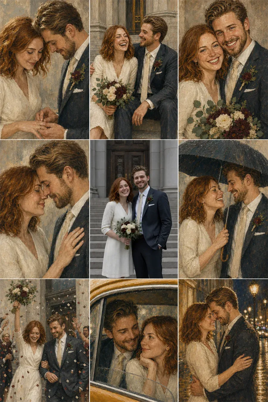 Courthouse wedding photo turned into a three by three grid of storybook scenes