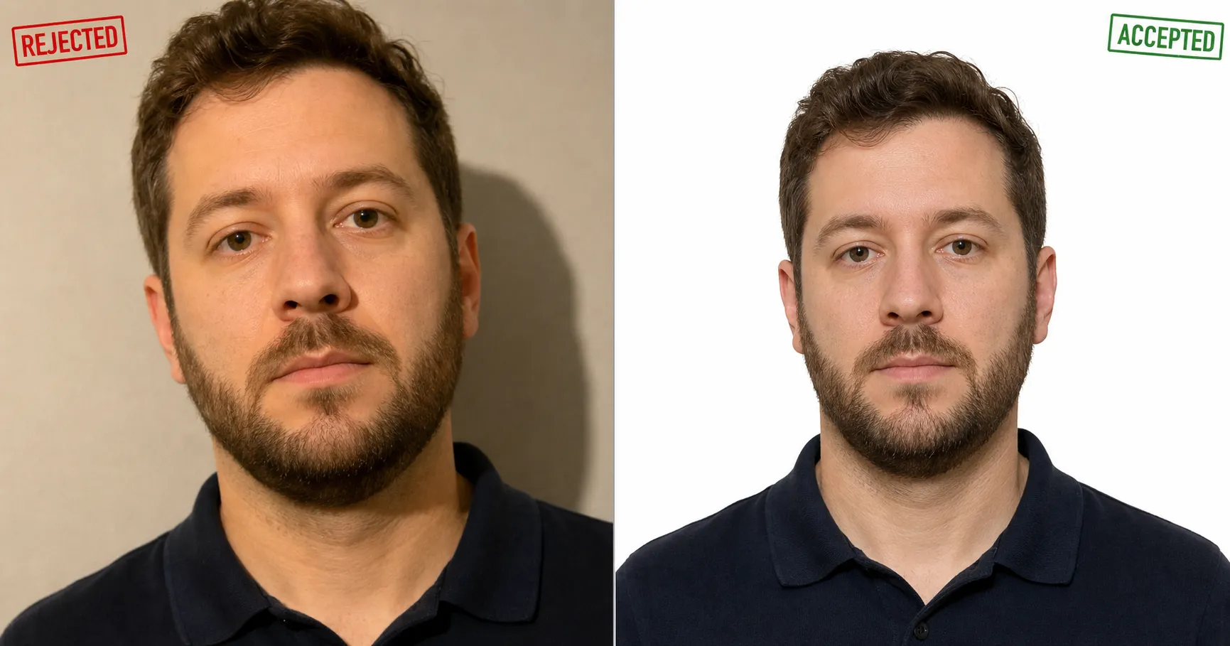 A rejected DIY passport photo on the left with a shadowed grey wall and an oversized off-center head, beside an accepted home passport photo on the right with a pure white background, correct chin-to-crown head height, and a neutral expression.