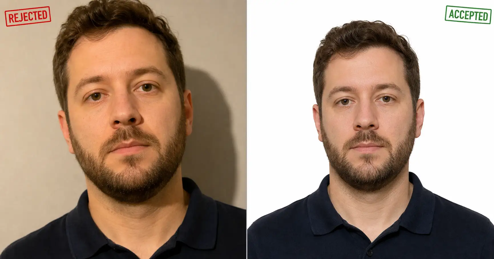A rejected DIY passport photo on the left with a shadowed grey wall and an oversized off-center head, beside an accepted home passport photo on the right with a pure white background, correct chin-to-crown head height, and a neutral expression.